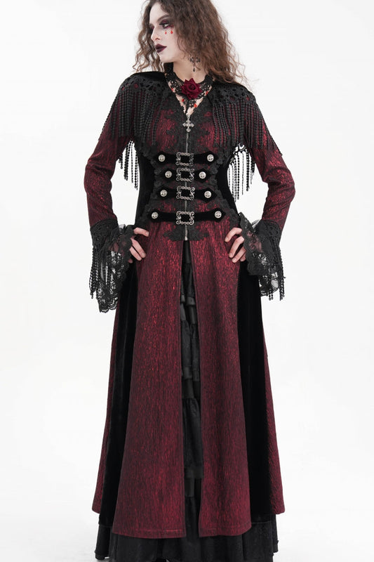 Red Buckle-up Tassels Women's Gothic Jacket with Hood