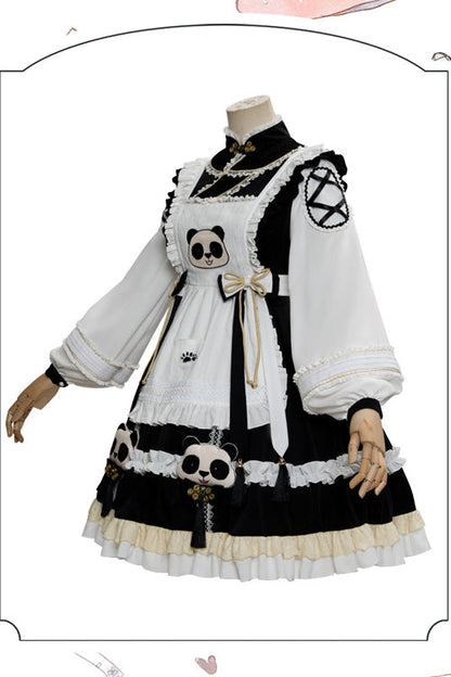 Black/White High Neck Lantern Sleeves Multi-Layer Ruffled Panda Bun Shop Sweet Lolita Op Dress