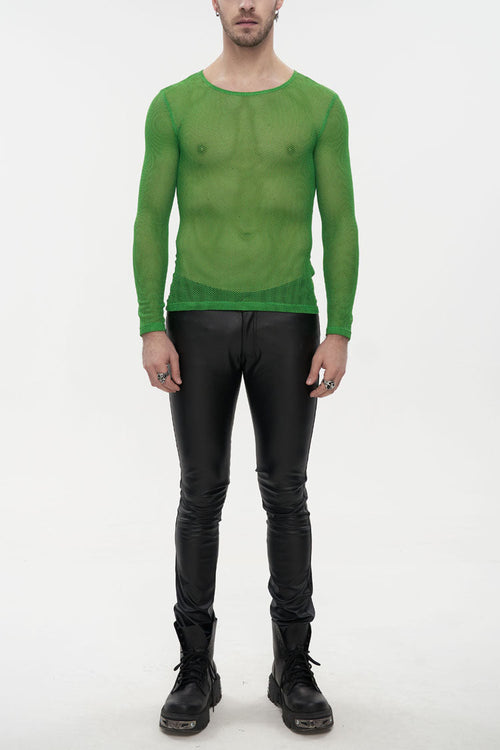Green Elasticity High Neck Long Sleeve Mesh Men's Gothic T-Shirt