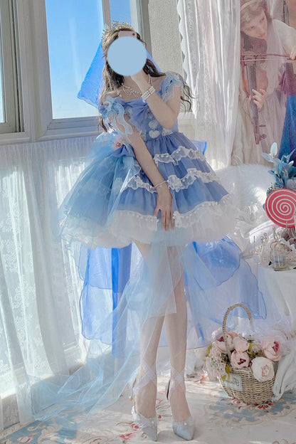 Blue Multi-Layered Ruffled Hanayome Bow Pearl-Decorated Sweet Lolita Jsk Dress Full Set 2 Versions