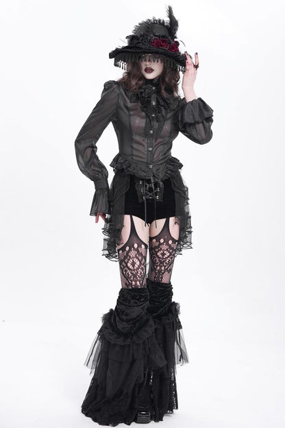 Black Ruffle Stitching Lace-Up Mesh Women's Gothic Shorts
