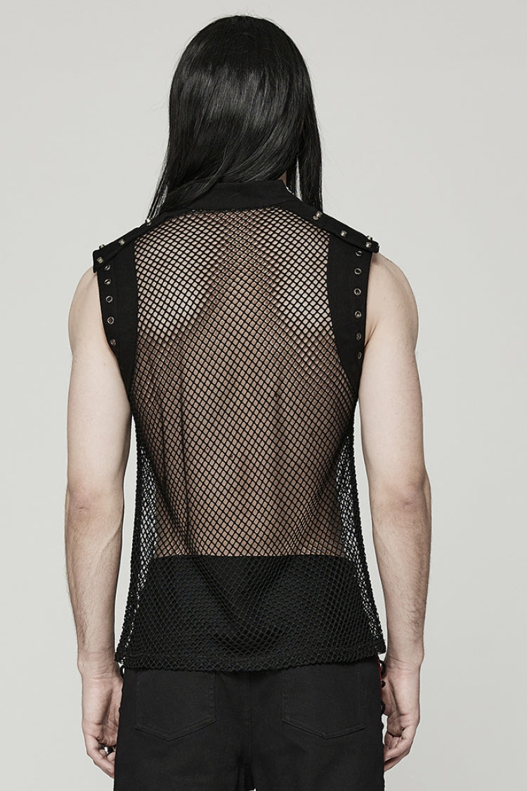 High Collar Sleeveless Rivet Decoration Sheer Mesh Men's Steampunk Vest 2 Colors