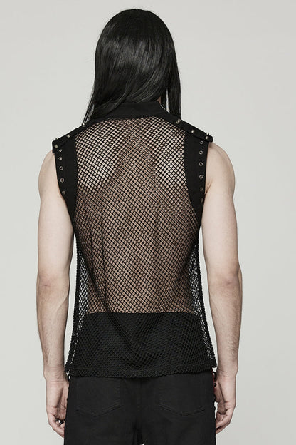 High Collar Sleeveless Rivet Decoration Sheer Mesh Men's Steampunk Vest 2 Colors