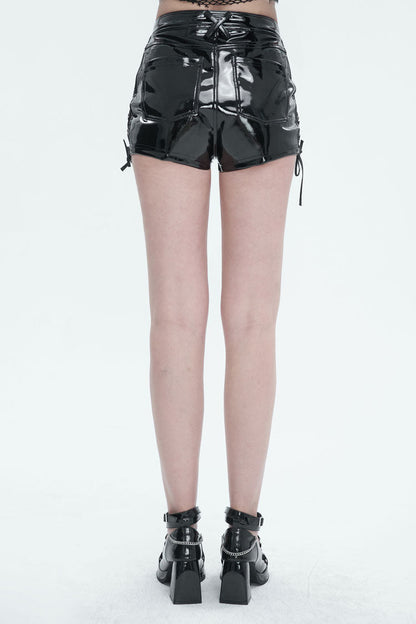 Black Stretch Shiny Panel Diamond Mesh Sexy Women's Gothic Shorts