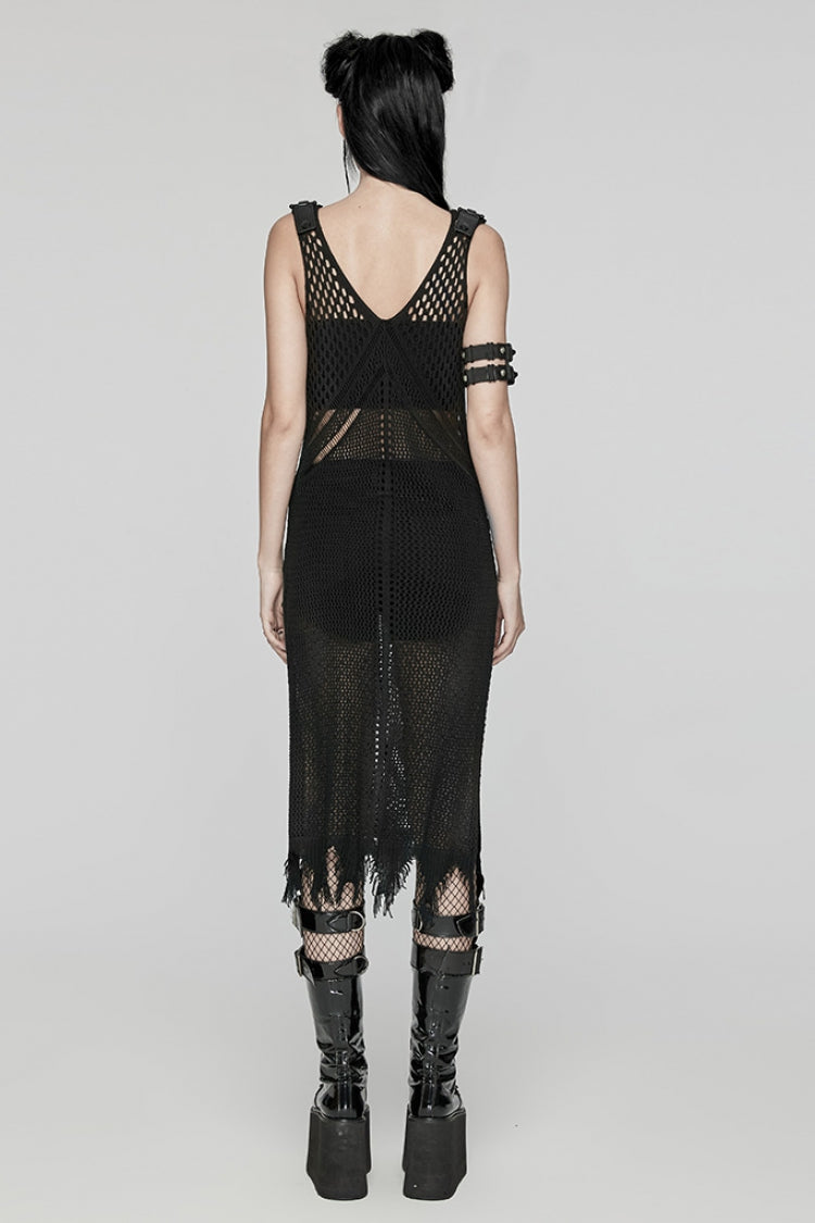 Black V Collar Sleeveless Plunging Mesh Women's Gothic Dress