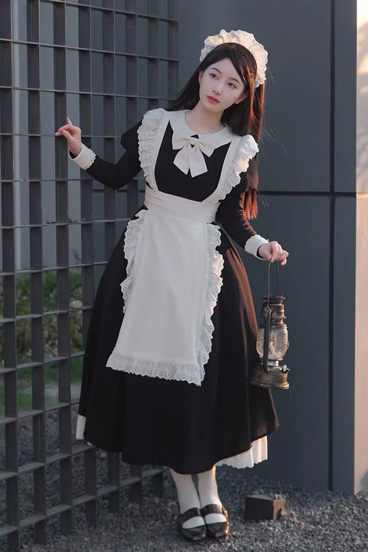 Black/White Round Collar Short Sleeves Ruffled Bow Sweet Elegant Lolita Maid Dress 2 Versions