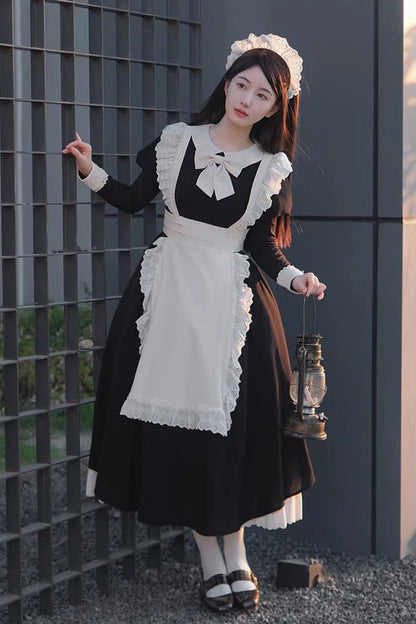 Black/White Round Collar Short Sleeves Ruffled Bow Sweet Elegant Lolita Maid Dress 2 Versions