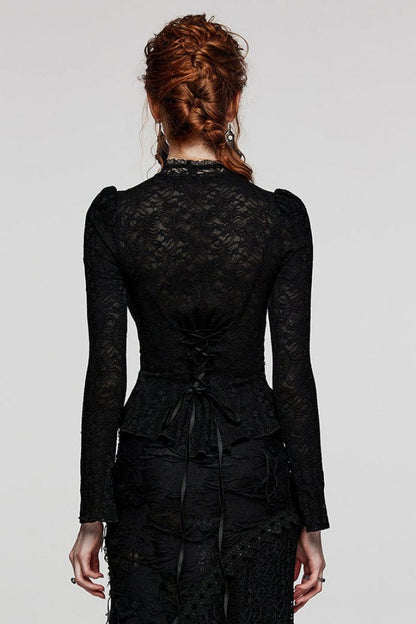Black Rose Stand Collar Long Sleeves Print Lace Lace-Up Sheer Womens Gothic Blouse