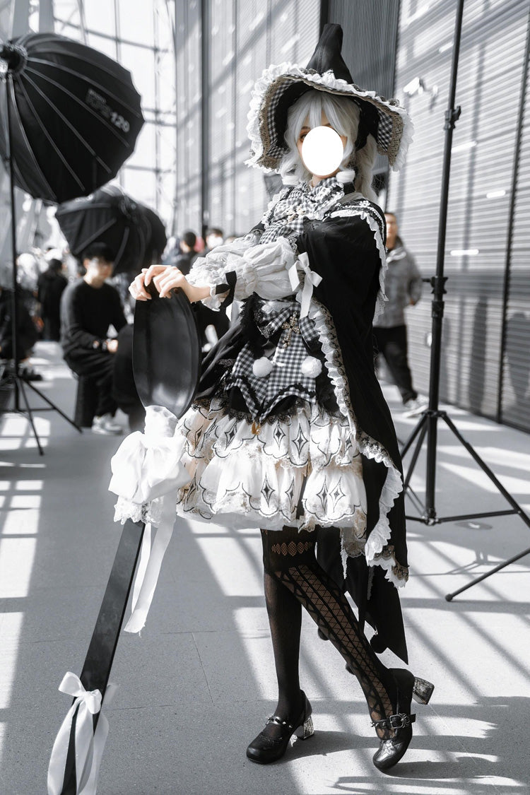 Black/White [Little Witch] Ruffle Embroidery Bowknot Gothic Lolita Jsk Dress Full Set
