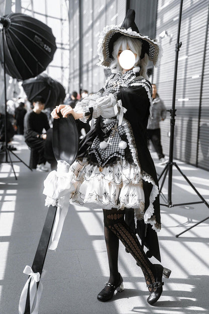 Black/White [Little Witch] Ruffle Embroidery Bowknot Gothic Lolita Jsk Dress Full Set