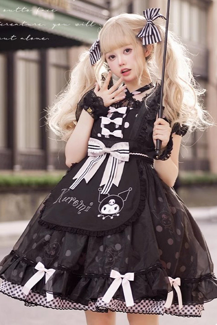 Black Short Sleeves Kulomi Print Ruffle Bowknot Alice Sweet Lolita Dress