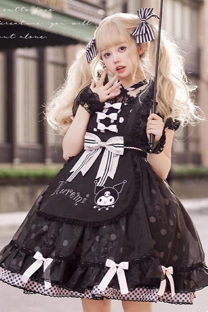 Black Short Sleeves Kulomi Print Ruffle Bowknot Alice Sweet Lolita Dress