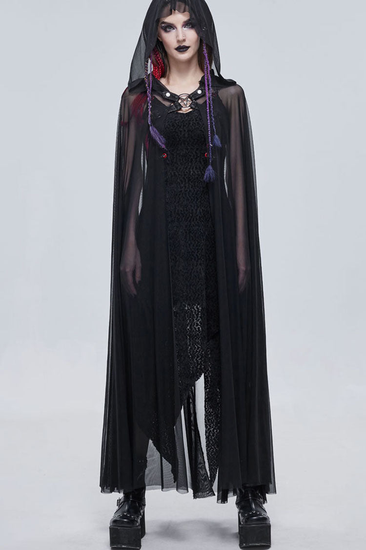 Black Punk Cross Leather Straps On Chest Design Metal Five-Pointed Star Decoration Long Hooded Women's Cape