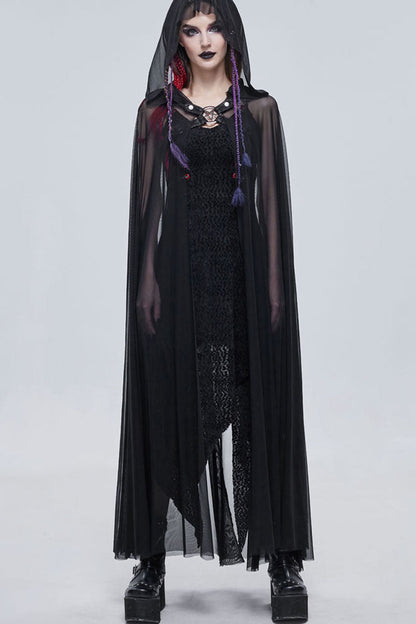 Black Punk Cross Leather Straps On Chest Design Metal Five-Pointed Star Decoration Long Hooded Women's Cape