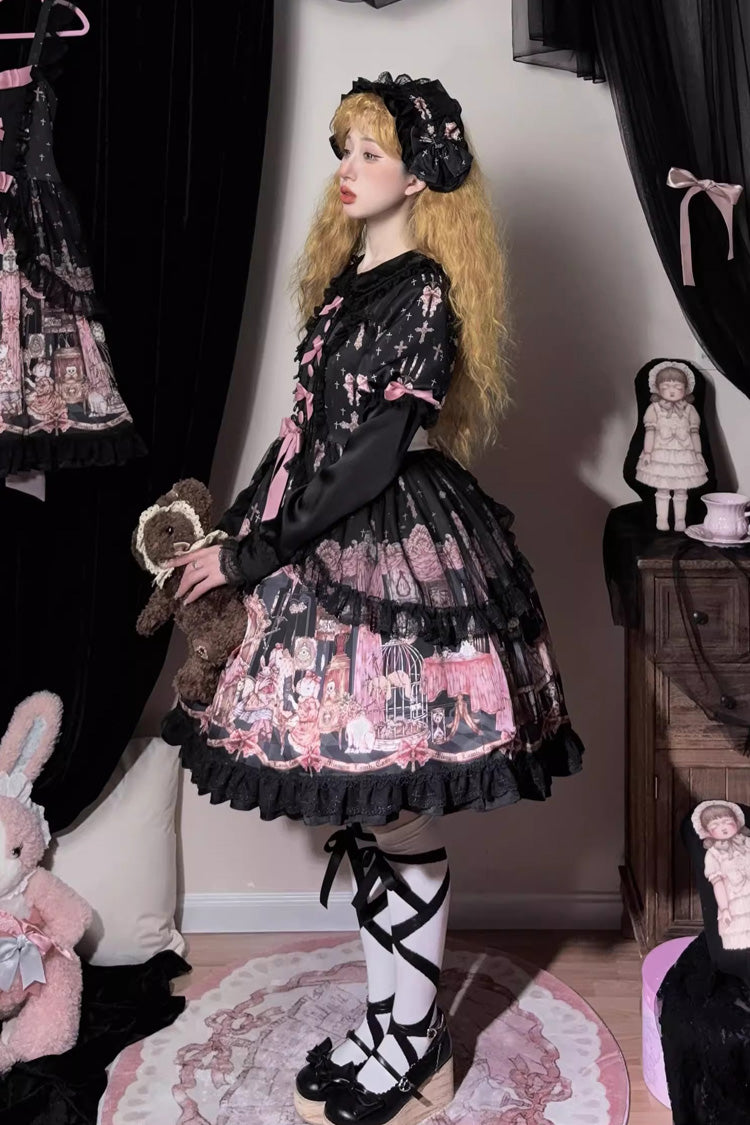 Black [The Case of the Missing Lamb] Print Long Sleeves Ruffle Bowknot Lace Gothic Lolita Dress