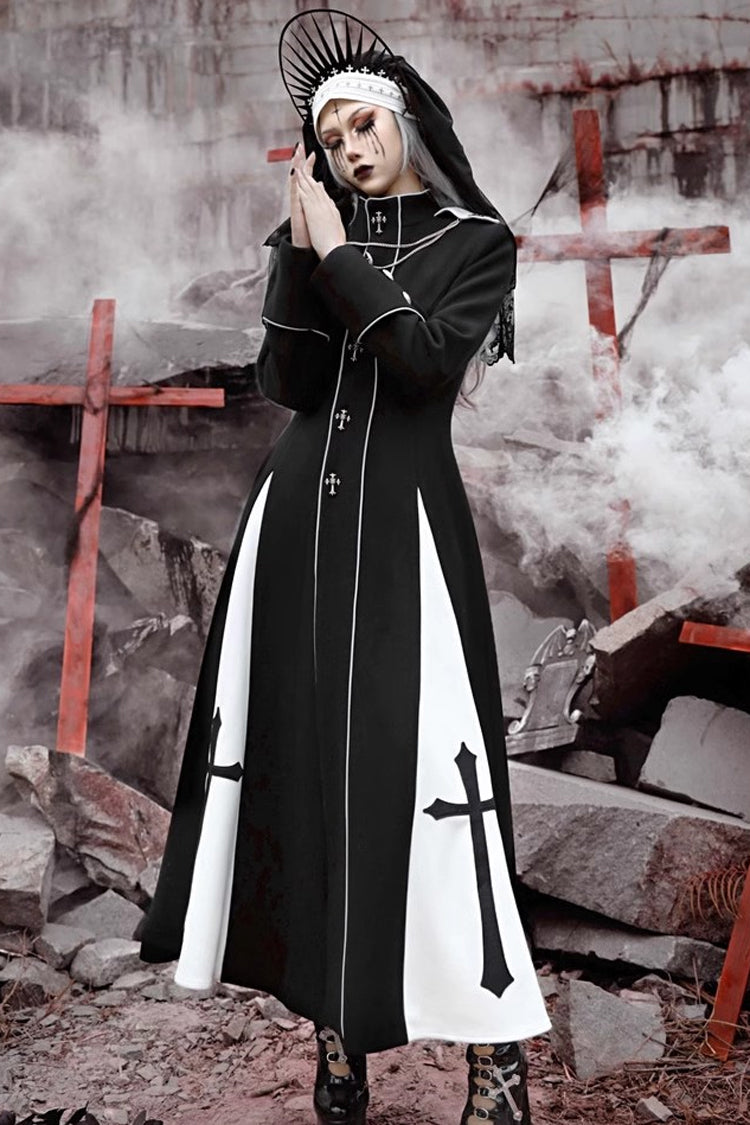 Black [The Trial of a Nun] Cross Print Hollow Cardigan Stitching Gothic Lolita Long Coat