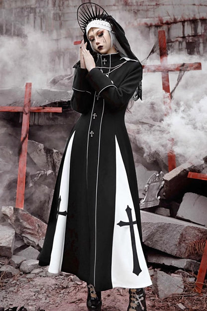 Black [The Trial of a Nun] Cross Print Hollow Cardigan Stitching Gothic Lolita Long Coat