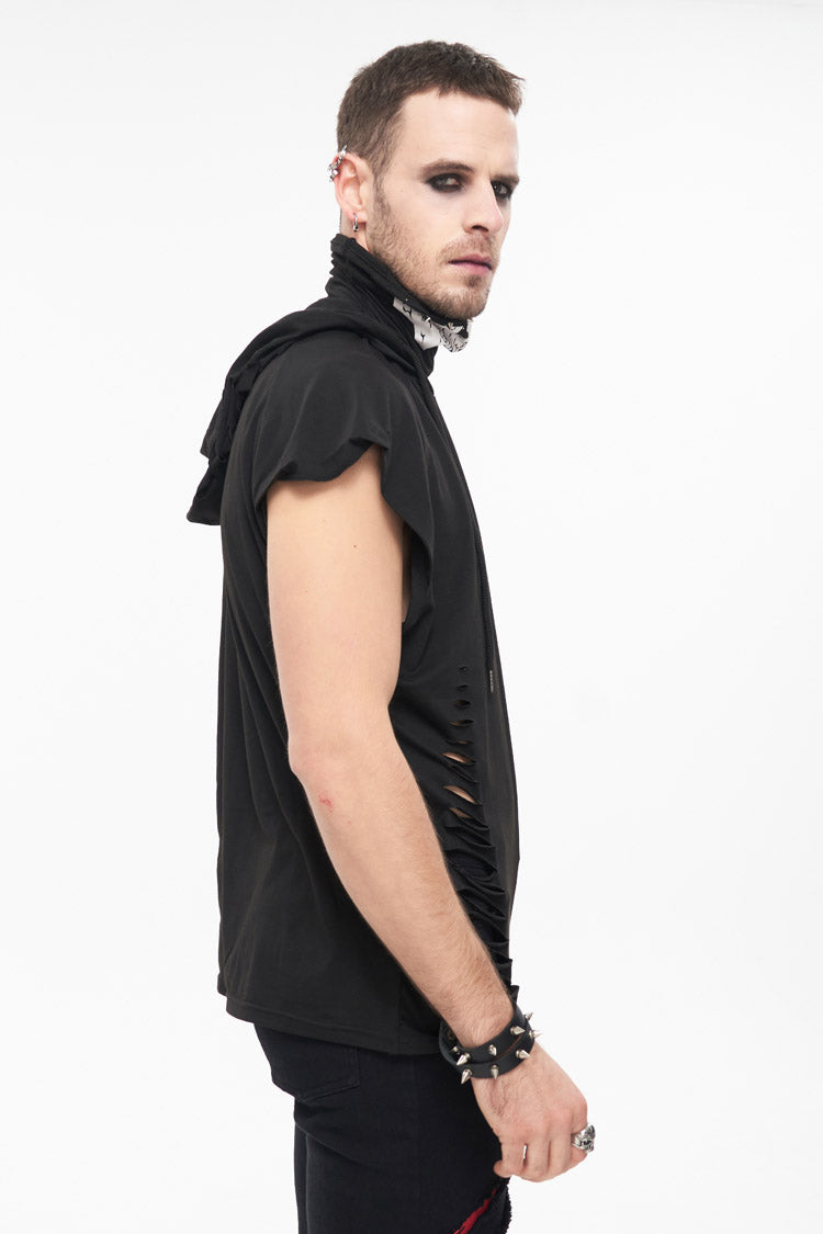 Black Skull Print Super High Neck Masked Rivet Hole Hooded Short Sleeve Men's Punk T-Shirt