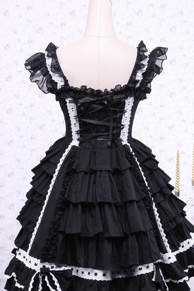 Black/White Cap Sleeves Ruffled Bowknot Lace Trim Gothic Lolita Dress