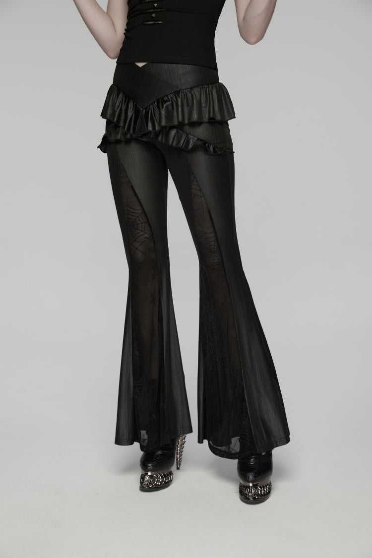 Black Ruffled Women's GothicRuffled Cobweb Pattern Flared Pants