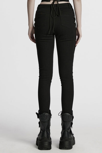 Black Studded Pleated Women's Punk Leggings