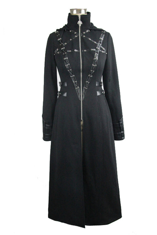 Black Punk Inverted Pentagram Long Womens Coat