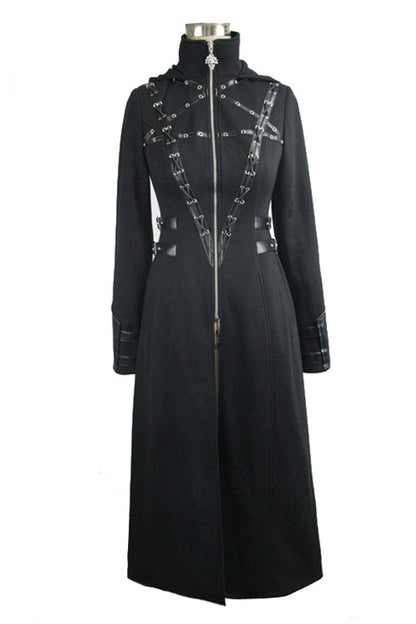 Black Punk Inverted Pentagram Long Womens Coat