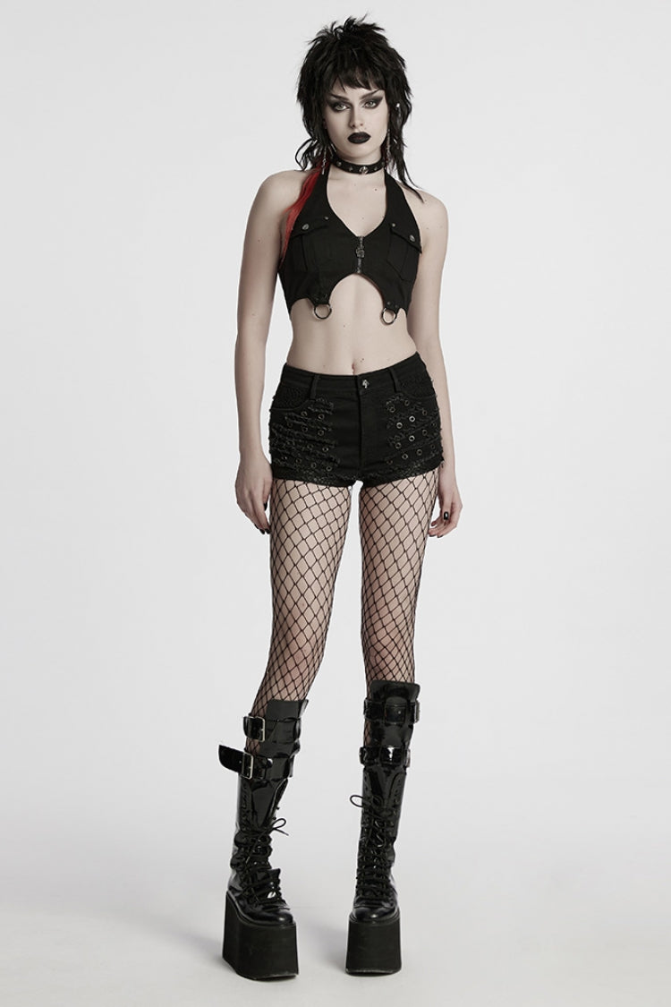 Black Stitching Mesh Distressed Women's Punk Shorts