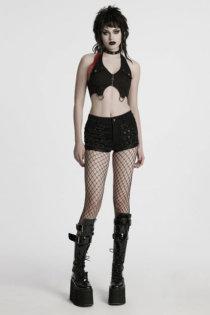 Black Stitching Mesh Distressed Women's Punk Shorts