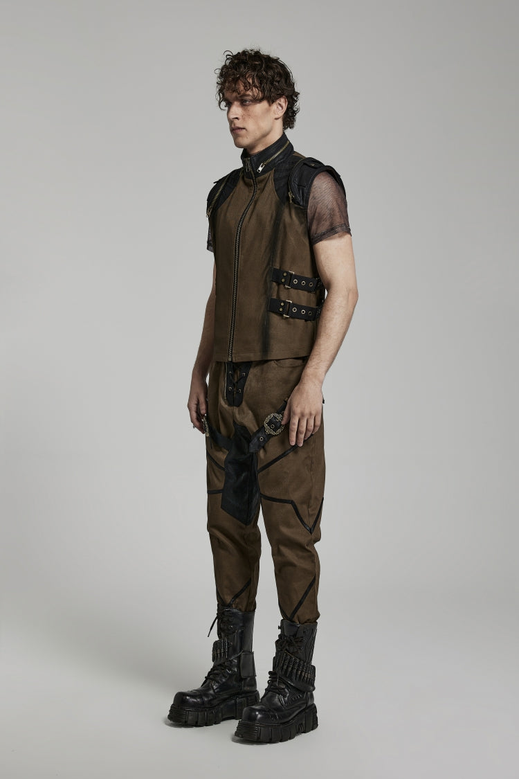 Brown Stand Collar Side Waist Webbing Decorative Stitching Mens Steampunk Vest