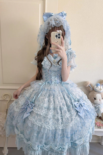 Blue Long Sleeves Hanayome Bow Lace-Up Sweet Gorgeous Lolita Dress with Train and Veil