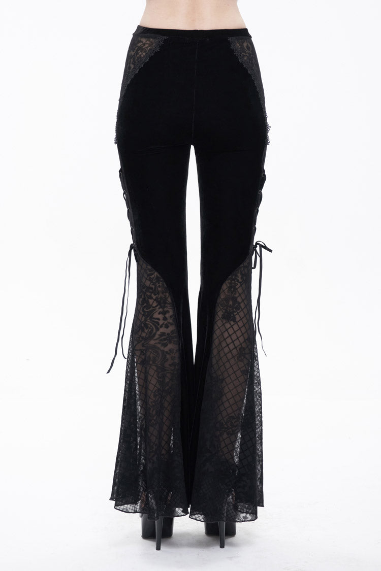 Black Translucent Velvet Jacquard Sexy Panel Lace-Up Plaid Flared Gothic Women's Pants