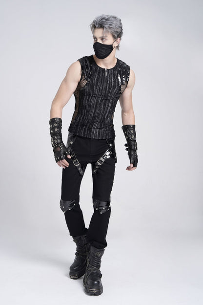 Black Sleeveless Ribbed Print Stitching Mesh Zipper Men's Gothic Vest