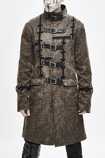 Brown Steampunk Patch Mens Long Leather Coat