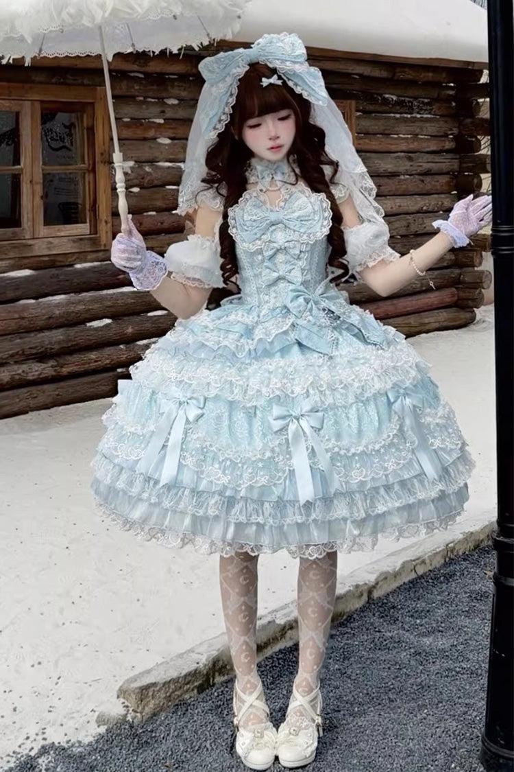Blue [Dream of the Misty Moon] Sleeveless Multi-Layered Ruffled Bow Lace Pearl-Decorated Sweet Princess Lolita Jsk Dress