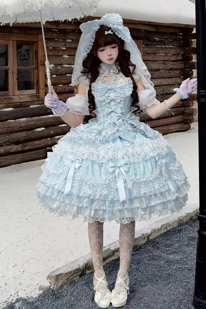 Blue [Dream of the Misty Moon] Sleeveless Multi-Layered Ruffled Bow Lace Pearl-Decorated Sweet Princess Lolita Jsk Dress