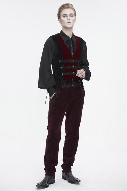 Black/Red Irregular Velvet Splice Corduroy Men's Gothic Waistcoat