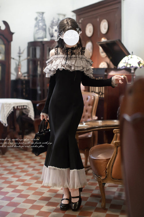 Black [Night Cherry Blossoms] Long Sleeves Ruffle Bowknot Daily Sweet Elegant Lolita Fishtail Dress