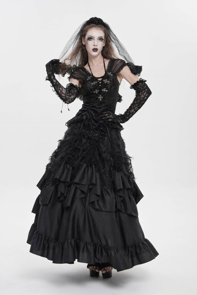 Black V Collar Short Sleeves Embroidered Lace Lace-Up Slim Women's Gothic Top