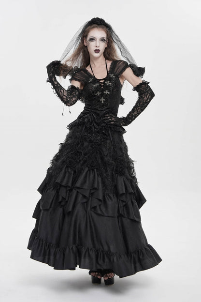 Black V Collar Short Sleeves Embroidered Lace Lace-Up Slim Women's Gothic Top