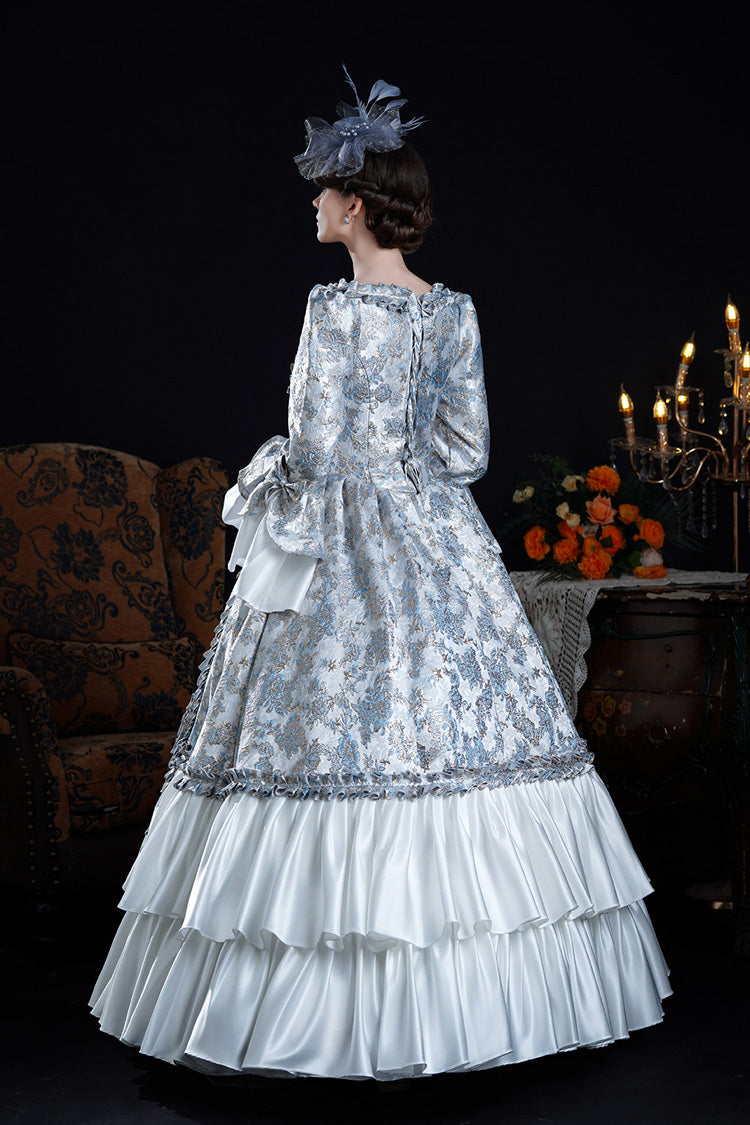 Blue Square Collar Long Trumpet Sleeves Double-Layered Ruffled Embroidered Open-Front Bow Classic Vintage Palace Lolita Victorian Dress