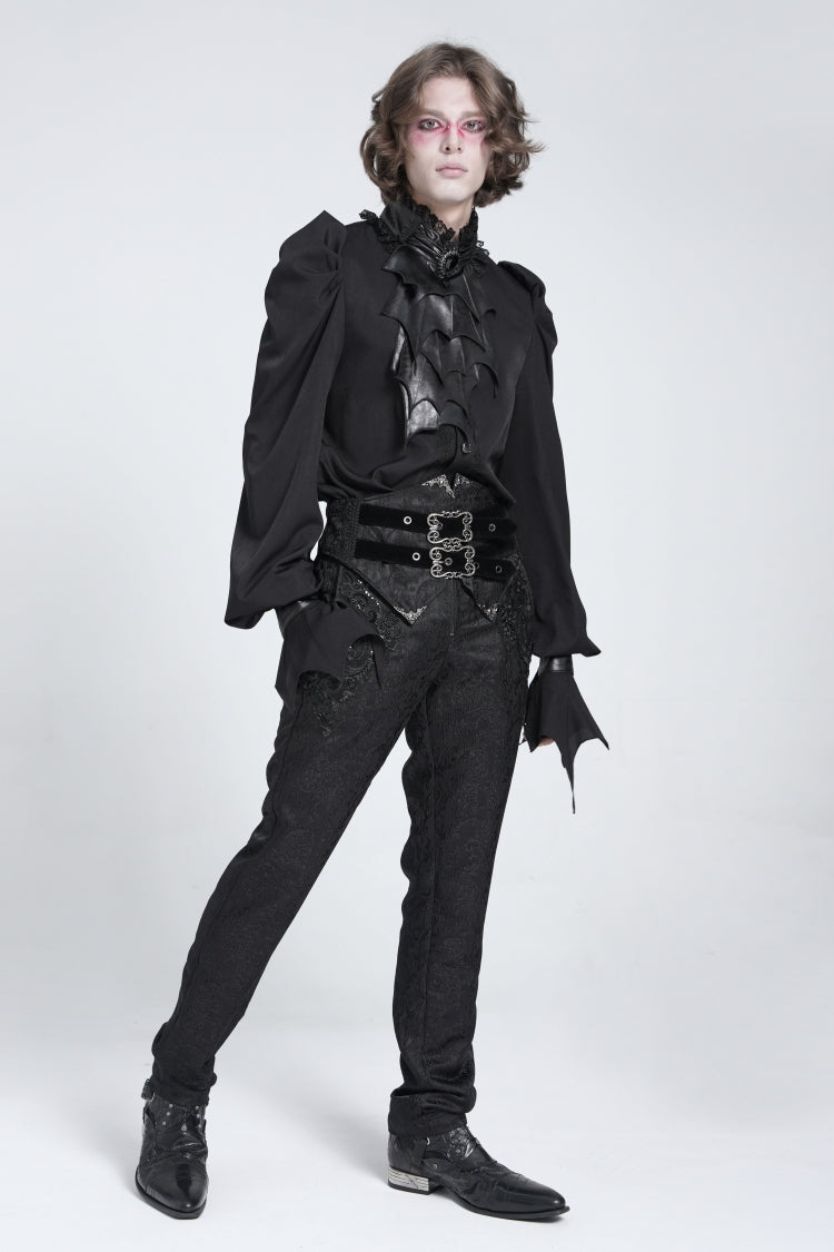 Black Stand Collar Long Puff Sleeves Men's Gothic Batlike Blouse