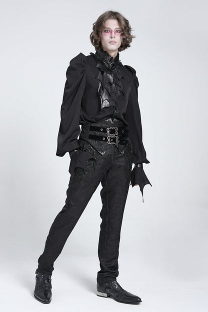 Black Stand Collar Long Puff Sleeves Men's Gothic Batlike Blouse