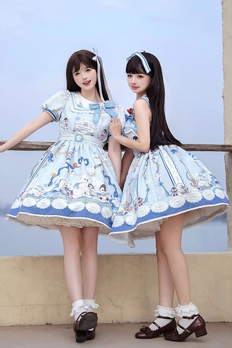 Blue [Penguin Navy] Print Ruffle Bowknot Sweet Princess Lolita Jsk Dress