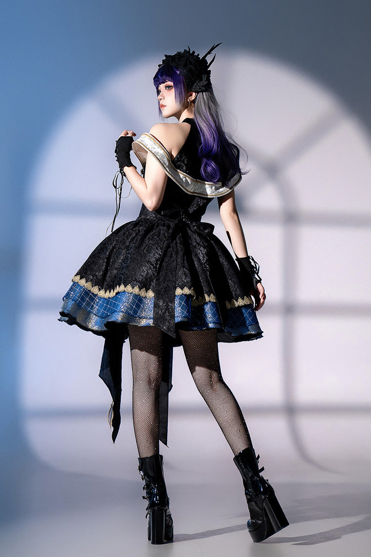 Black/Blue [Universe] Off Shoulder Halterneck Sleeveless Print Embroidery Cardigan Gothic Princess Lolita Dress