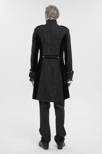 Black Silk Stand Collar Printed Metal Breasted Cross Zipper Back Slit Vintage Men's Gothic Jacket