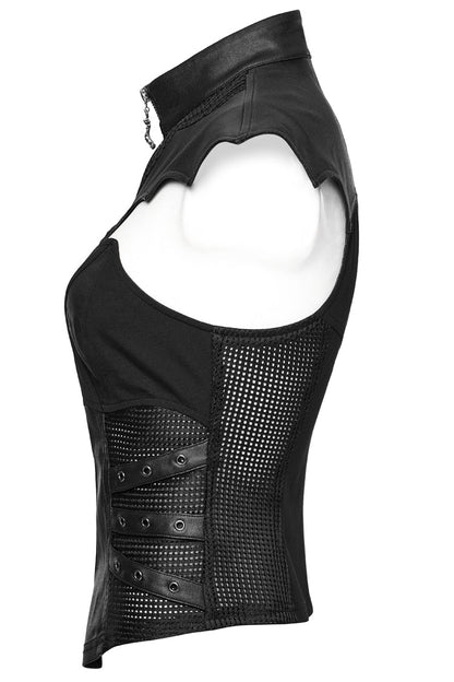 Black Sleeveless Hollow Stretch Knitted Stitching Womens Bat Wings Steampunk Vest