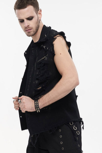 Black Punk Standing Collar Irregular Hand-Painted Sleeveless Metal Decoration Tattered Men's Shirt