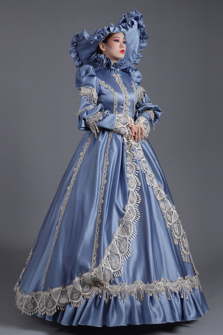 Blue High Collar Long Sleeves High Waisted Hollow Embroidery Floral Print Ruffled Victorian Lolita Prom Dress