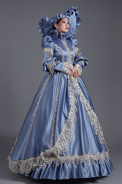 Blue High Collar Long Sleeves High Waisted Hollow Embroidery Floral Print Ruffled Victorian Lolita Prom Dress